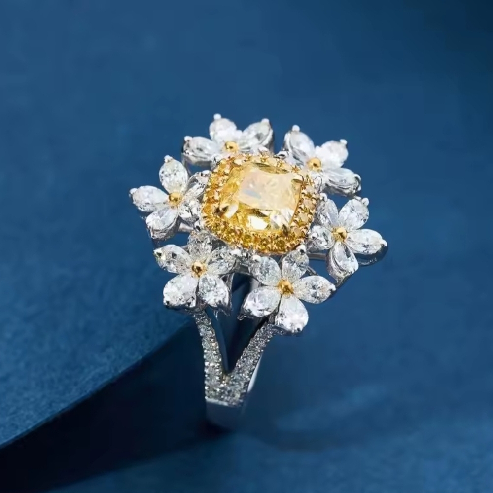 Floral Silver and Yellow Ring